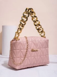 Geantă pătrată matlasată, impermeabilă, ușoară, de afaceri, ocazională, cu decorațiuni cu lanț, pentru fete adolescente, femei, studenți, începători și lucrători cu guler alb, perfect pentru birou, facultate, muncă, afaceri, navetă