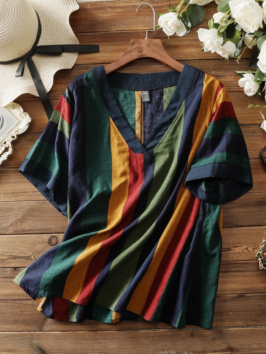 Mulvari 大碼條紋圖案V領襯衫