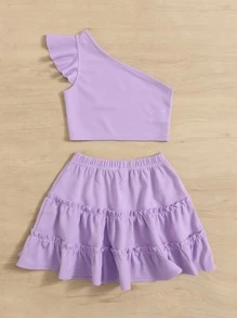SHEIN Tween Girl Flutter Sleeve One Shoulder Top & Frill Trim Skirt - Lilac Purple - View 2