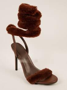 Round Toe Fluffy Coil Strap Heels - Rust Brown - View 2