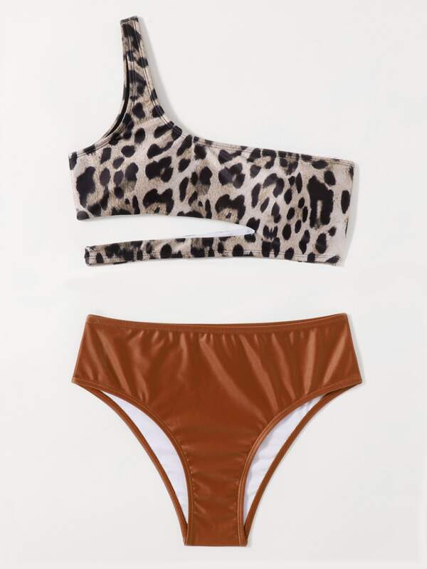 Leopard Cut-Out One Shoulder Bikini For Summer Beach Vacation