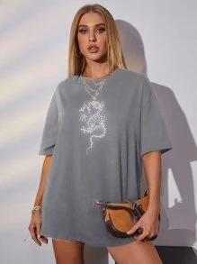 SHEIN Unity Áo thun dài tay họa tiết rồng và chữ Trung Quốc cỡ lớn - Xám - Xem 1