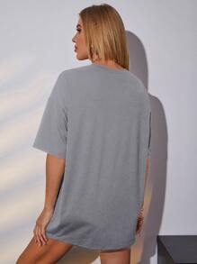 SHEIN Unity Áo thun dài tay họa tiết rồng và chữ Trung Quốc cỡ lớn - Xám - Xem 2