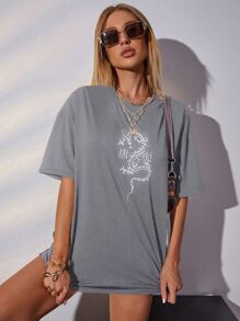 SHEIN Unity Áo thun dài tay họa tiết rồng và chữ Trung Quốc cỡ lớn - Xám - Xem 3