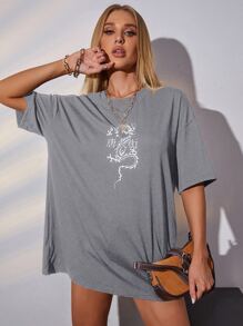 SHEIN Unity Áo thun dài tay họa tiết rồng và chữ Trung Quốc cỡ lớn - Xám - Xem 4