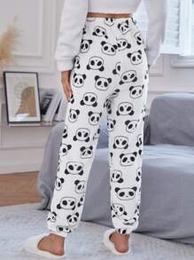 Allover Panda Pattern Flannel Fluffy Lounge Pants, For Fall Winter, Cozy - Black and White - View 2