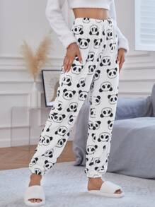Allover Panda Pattern Flannel Fluffy Lounge Pants, For Fall Winter, Cozy - Black and White - View 3