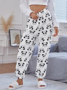 Allover Panda Pattern Flannel Fluffy Lounge Pants, For Fall Winter, Cozy - Black and White - View 5
