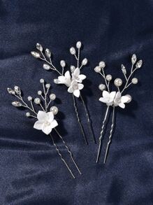 3件套手工珍珠玻璃水钻装饰发夹，白色花朵设计，新娘婚礼派对配饰，情人节配饰 - 白色 - 查看 2