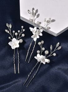 3件套手工珍珠玻璃水钻装饰发夹，白色花朵设计，新娘婚礼派对配饰，情人节配饰 - 白色 - 查看 4
