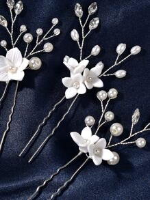 3件套手工珍珠玻璃水钻装饰发夹，白色花朵设计，新娘婚礼派对配饰，情人节配饰 - 白色 - 查看 5