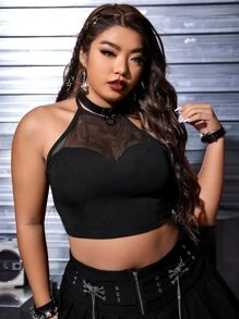 ROMWE PUNK Plus Fishnet Insert Tie Backless Halter Top - Black - View 1