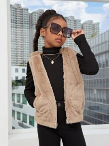 SHEIN Girls Slant Pockets Hooded Teddy Vest Jacket - Khaki - View 1