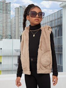 SHEIN Girls Slant Pockets Hooded Teddy Vest Jacket - Khaki - View 4