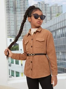 SHEIN Áo cánh Gái Túi Nút phía trước màu trơn Giải trí - màu nâu - Xem 3