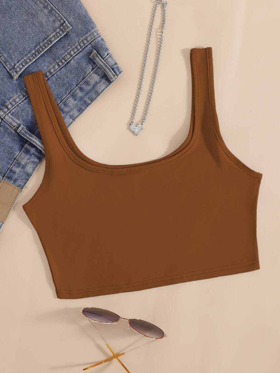 SHEIN EZwear 素色短款背心 - 巧克力棕 - 查看 1