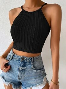 Breezaya Top halter corto de espalda con cordón con textura - Negro - Ver 6