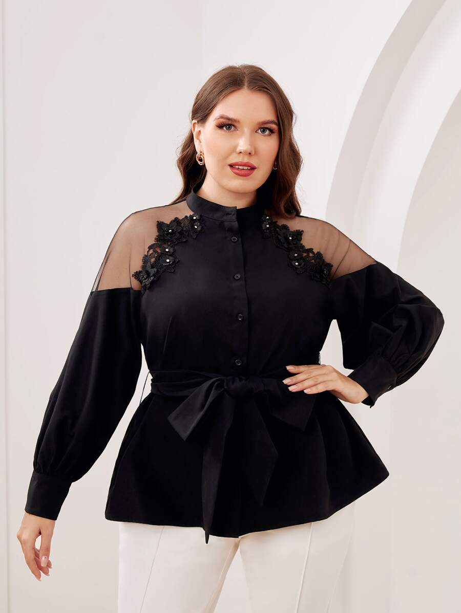SHEIN Clasi Áo sơ mi Plus Size Đề can Thắt lưng Tương phản Mesh màu trơn Thanh lịch - màu đen - Xem 1