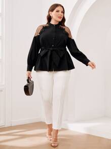 SHEIN Clasi Áo sơ mi Plus Size Đề can Thắt lưng Tương phản Mesh màu trơn Thanh lịch - màu đen - Xem 3