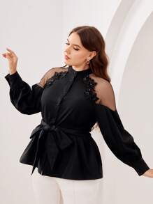 SHEIN Clasi Áo sơ mi Plus Size Đề can Thắt lưng Tương phản Mesh màu trơn Thanh lịch - màu đen - Xem 4