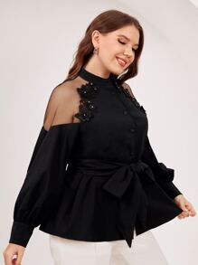 SHEIN Clasi Áo sơ mi Plus Size Đề can Thắt lưng Tương phản Mesh màu trơn Thanh lịch - màu đen - Xem 5