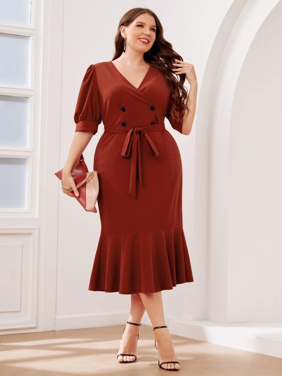 SHEIN Clasi 大碼交疊領魚尾裙下擺繫腰帶連衣裙 - 亮橙色 - 查看 1