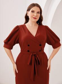 SHEIN Clasi 大碼交疊領魚尾裙下擺繫腰帶連衣裙 - 亮橙色 - 查看 3