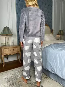 Eyelash Embroidery Top & Cloud Pattern Pants PJ Set / Fluffy Pajama Set, Fall Winter Clothes, Cozy - Multicolor - View 2