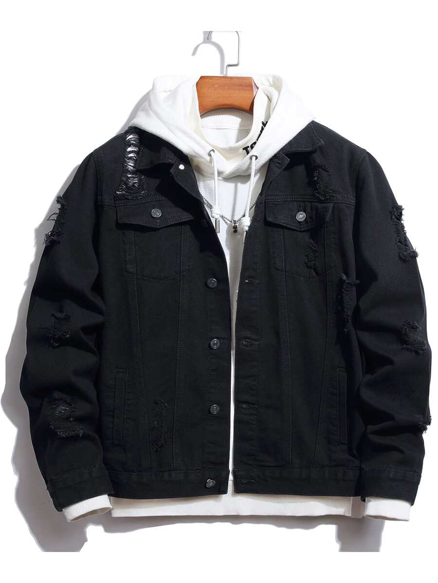 Manfinity Áo khoác Denim Nam Túi Bị tách màu trơn Giải trí - màu đen - Xem 1