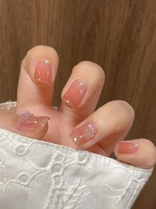 Upgrade Your Look with 24pcs Short Square 3D Rhinestone Decor Glitter Fake Nail & 1pc Nail File & 1sheet Tape - Multicolor - View 1