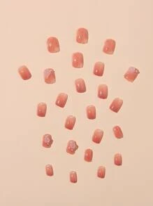 Upgrade Your Look with 24pcs Short Square 3D Rhinestone Decor Glitter Fake Nail & 1pc Nail File & 1sheet Tape - Multicolor - View 3