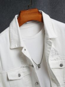 Manfinity Men 1pc Ripped Frayed Flap Pocket Denim Jacket - Beige - View 3