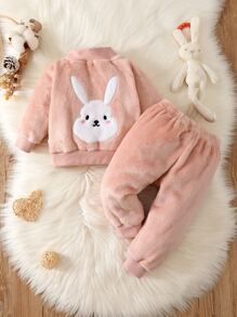Baby Cartoon Embroidery Mock Neck Flannel Sweatshirt & Trousers - Dusty Pink - View 1