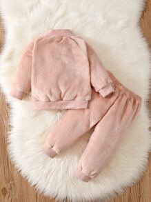 Baby Cartoon Embroidery Mock Neck Flannel Sweatshirt & Trousers - Dusty Pink - View 2