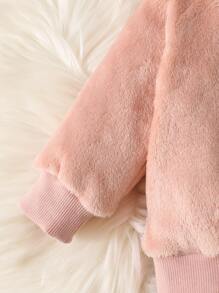 Baby Cartoon Embroidery Mock Neck Flannel Sweatshirt & Trousers - Dusty Pink - View 3