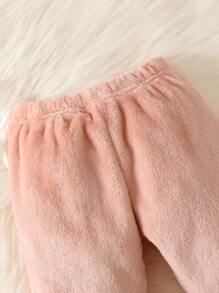 Baby Cartoon Embroidery Mock Neck Flannel Sweatshirt & Trousers - Dusty Pink - View 4