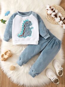 Bebé niño Sudadera dinosaurio con parche de color combinado de manga raglán teddy con Pantalones