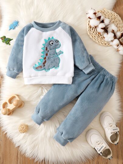 SHEIN 男嬰恐龍補丁貼撞色插肩袖絨毛運動衫帶長褲