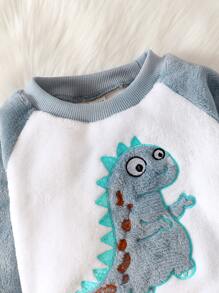 Bebé niño Sudadera dinosaurio con parche de color combinado de manga raglán teddy con Pantalones