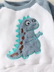 Bebé niño Sudadera dinosaurio con parche de color combinado de manga raglán teddy con Pantalones