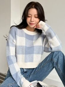 DAZY Họa tiết kẻ sọc trâu Thả vai Áo len - Xanh và trắng - Xem 1