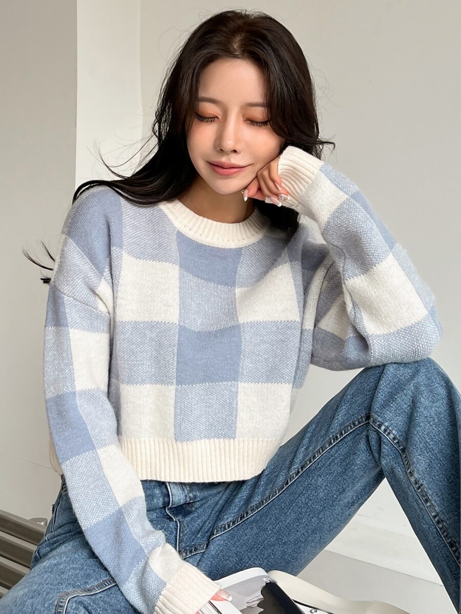 DAZY Họa tiết kẻ sọc trâu Thả vai Áo len - Xanh và trắng - Xem 1