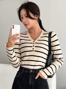 DAZY Stripe Pattern Quarter Button Sweater - Multicolor - View 3