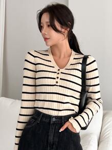 DAZY Stripe Pattern Quarter Button Sweater - Multicolor - View 4