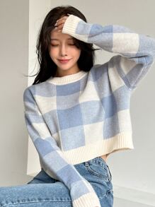 DAZY Họa tiết kẻ sọc trâu Thả vai Áo len - Xanh và trắng - Xem 8