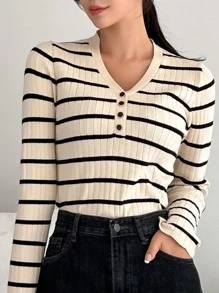 DAZY Stripe Pattern Quarter Button Sweater - Multicolor - View 6