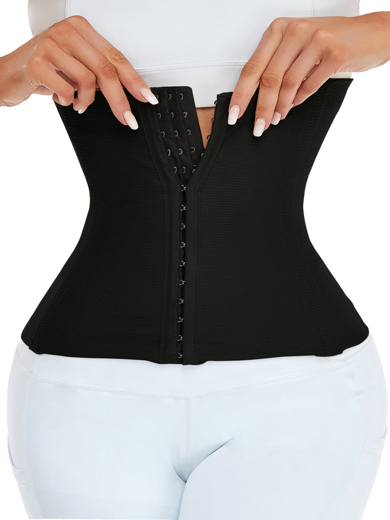 Myrelith Women's Black Fabric High Stretch Button Front Waist Trainer Romantic Vintage Style Waist Band Corset For Body Shaping