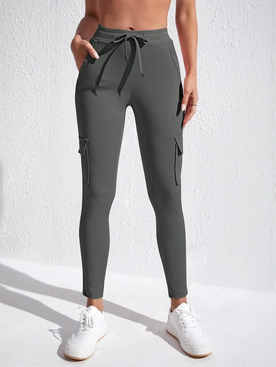 SHEIN Essnce 女性時尚休閒純色修身裝貨褲 - 灰色 - 查看 1