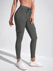 SHEIN Essnce 女性時尚休閒純色修身裝貨褲 - 灰色 - 查看 4