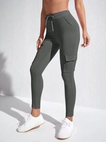 SHEIN Essnce 女性時尚休閒純色修身裝貨褲 - 灰色 - 查看 6